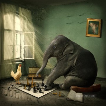 éléphant d’échecs ethiriel hen Animal facétieux Peinture à l'huile